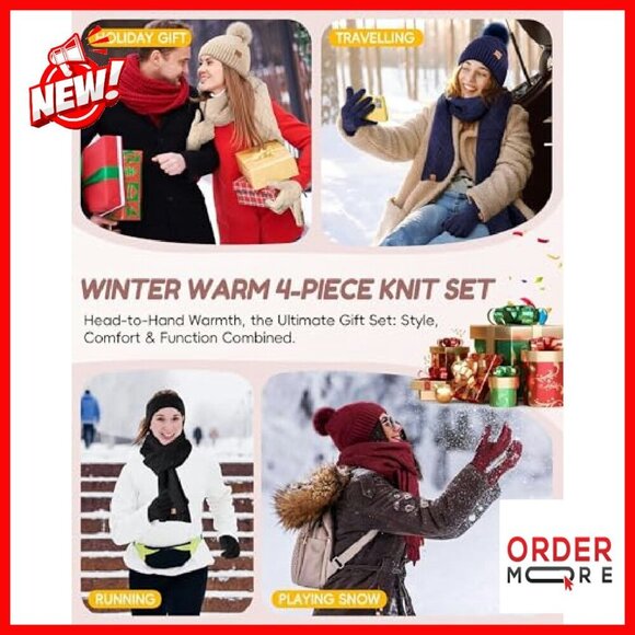 Winter Hat Scarf Gloves Headband Set, Fleece-Lined Pom Pom Beanie Touchscreen main image 5